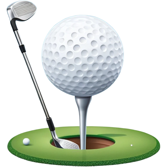A close-up golf ball on a tee, with a golf club placed beside it, set on a well-manicured green. The background is a peaceful golf course with a clear blue sky, emphasizing the tranquility and skill required for the sport. emoji