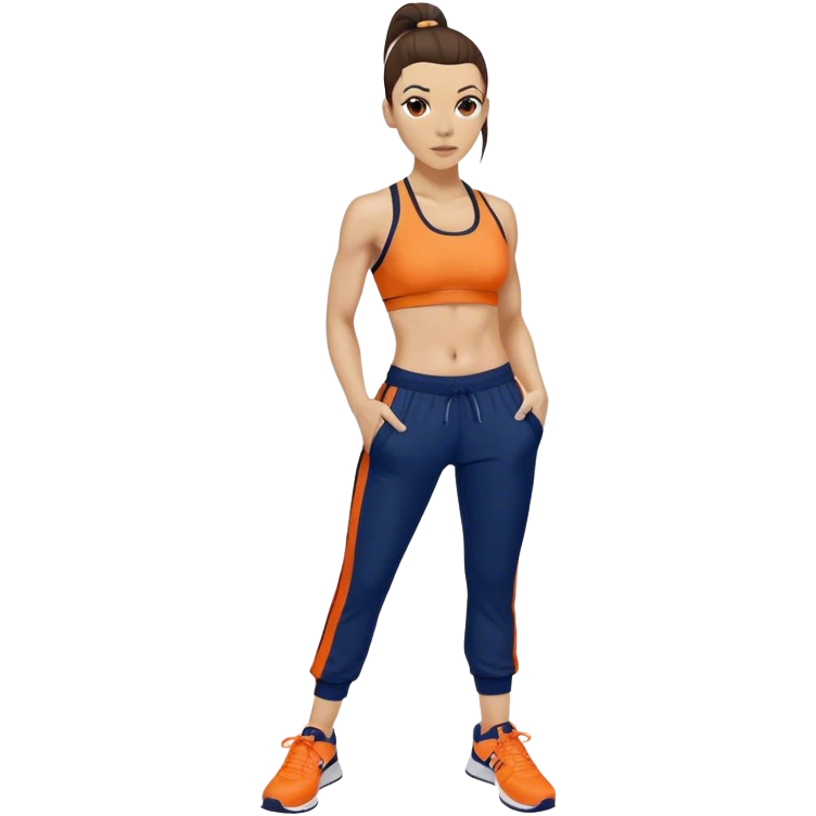 Melanie chisholm with a dark brown high ponytail, wearing an orange sports bra and navy blue track pants with sneakers emoji