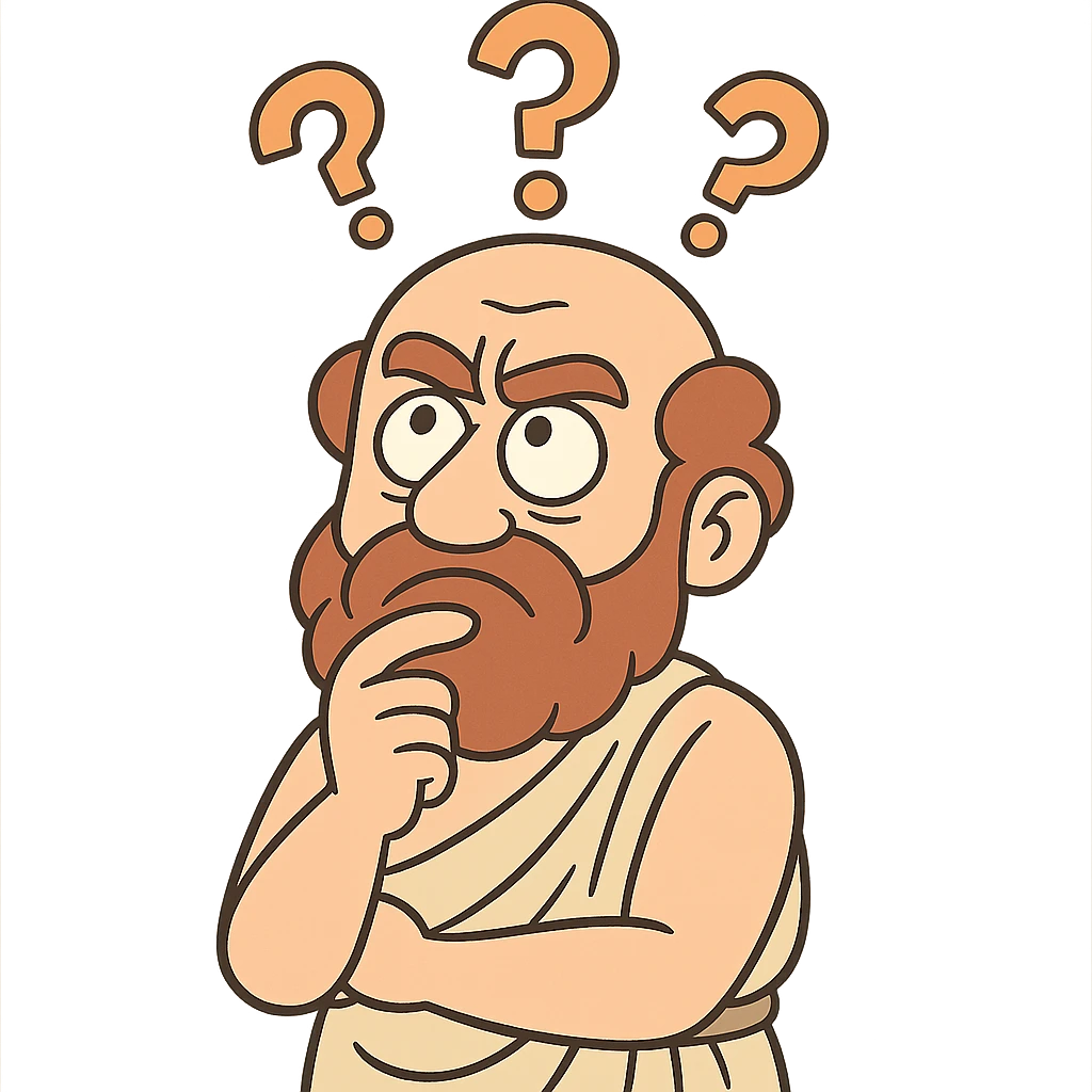 a cartoon philosopher, exaggerated thinking pose, big head, question marks, bright colors emoji