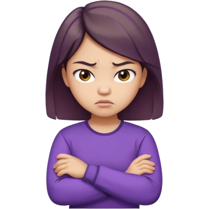Angry Pouty girl with small asian eyes folding arms in a purple longsleeve shirt she has fair skin and medium length brown hair with highlights emoji