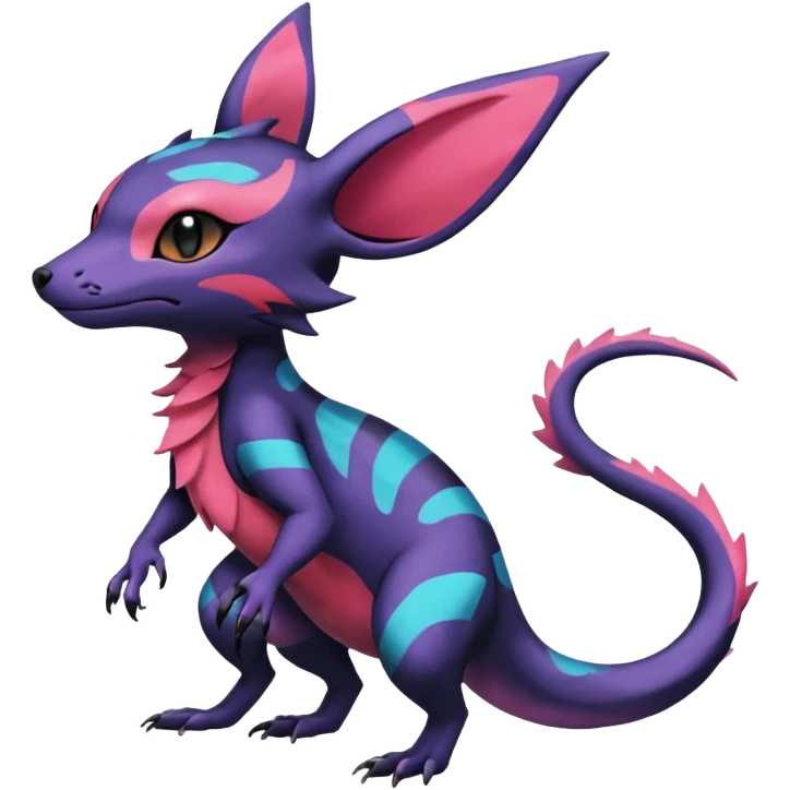 Rare epic aesthetic colorful Salandit-Noibat-Eevee-Genet-species-Fakemon-hybrid-creature, with markings, full body emoji