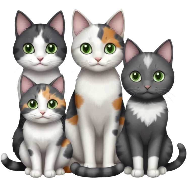 3 different coloured small cats including a dark grey and white, and a patchy calico and a completely solid dark grey with green eyes and only white paws emoji