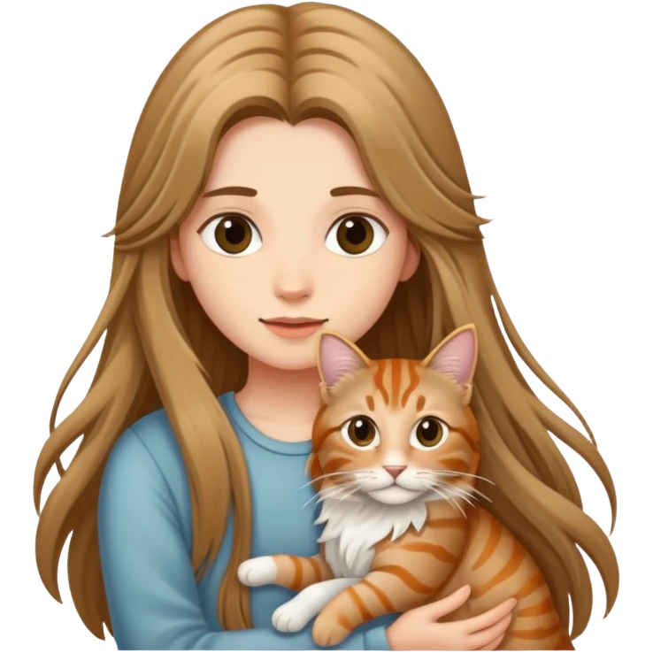 A long-haired girl holding a long haired tabby emoji