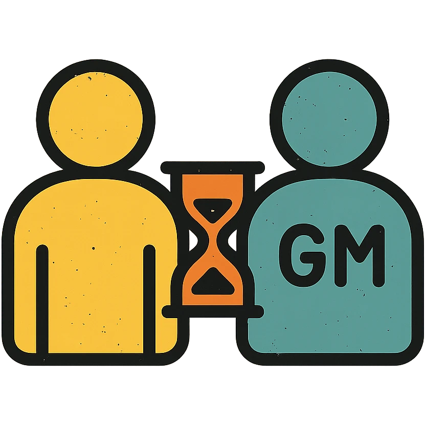 ultra-minimalist icon of two simple figures side by side representing player and GM, with a small clock or hourglass, worn and distressed style emoji
