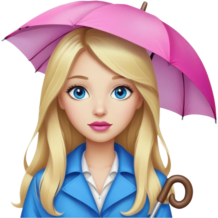 A beautiful blonde girl with long hair, blue eyes, pink lips, walks under an umbrella emoji