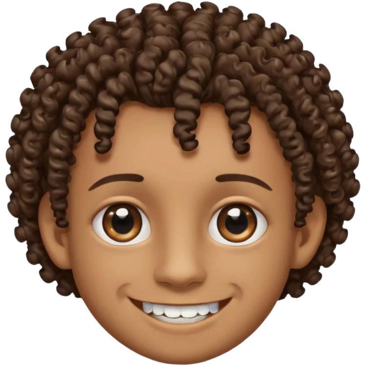 Brown skin boy with curly hair, smiling with braces, have one onyx eye color the other eye is light brown with a slit eyebrow emoji