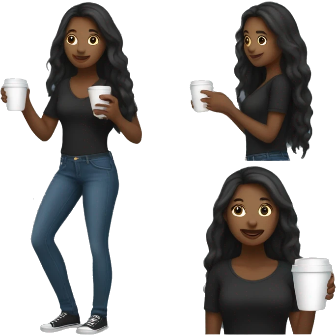 Black female with long hair talking on cellphone and holding a coffee wearing black shirt and jeans full length  emoji