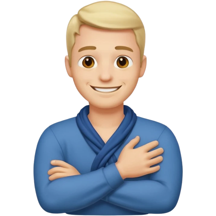 Man cross armed holding his neck grinning  emoji