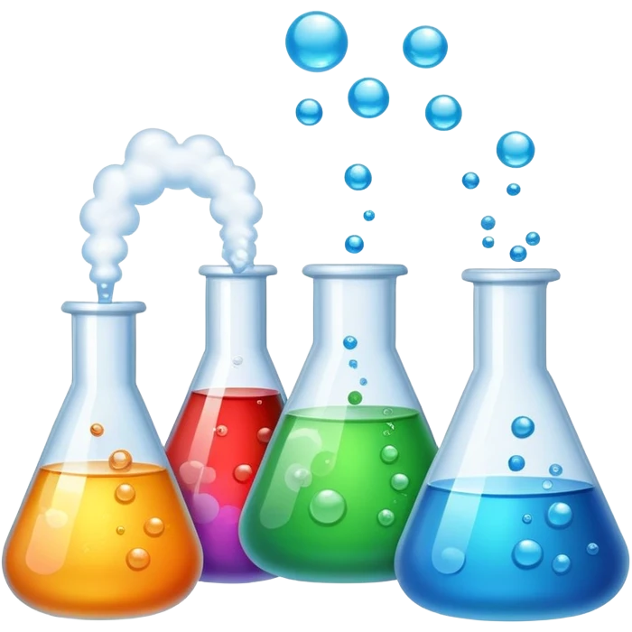 An icon featuring laboratory flasks with tubes, symbolizing chemistry. The design includes liquid and powder substances, a chemical reaction with bubbles, and molecular formulas, representing chemical processes like hydrolysis. Transparent background emoji