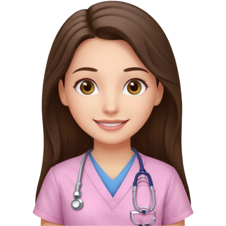 happy long haired brunette girl hazel eyes in light pink at the doctor's emoji