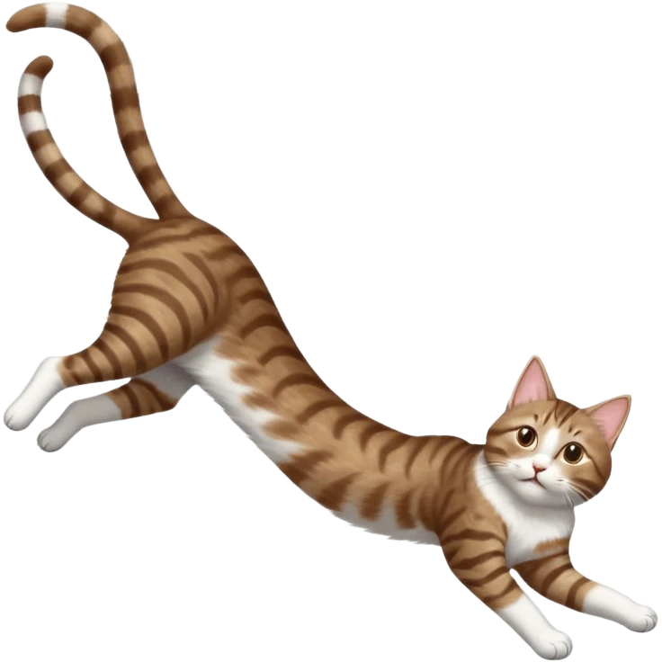 brown tabby and white cat with doing a big extremely long stretch reaching up into the air with arms and legs side by side together straight and overextended whilst lying on its side emoji
