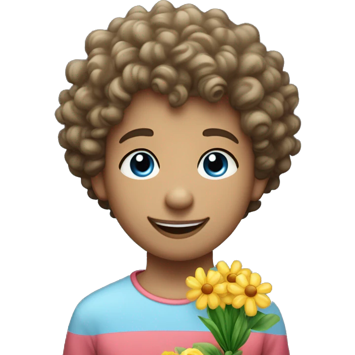 A curly haired short haired youngster with big lips and straight nose and blue eyes. He is holding a bouqet of flowers and smiling emoji