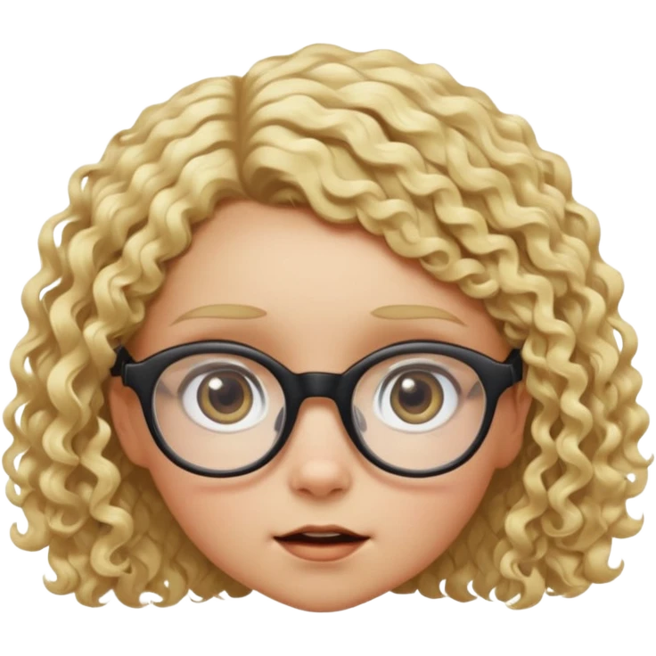 Une fille à lunette, avec des yeux bichromatiques au cheveux très courts et bouclés blondes, de la taille d'un nain, que l'on voit en contre plongée en très grand plan de façon drôle  emoji