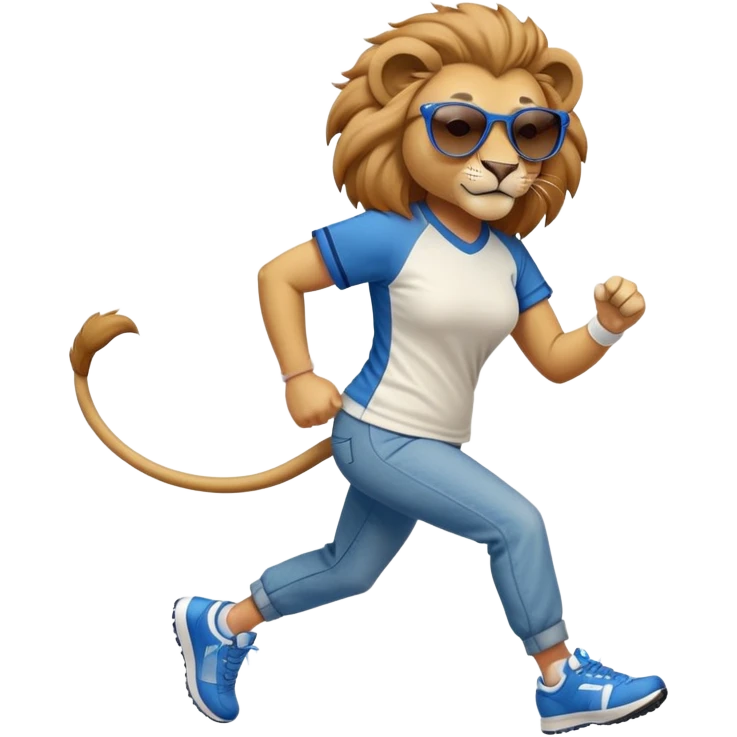 friendly anthropomorphised female lion wearing a baseball shirt, jeans, trainers, dark sunglasses, jogging upright, looking dominant and confident emoji