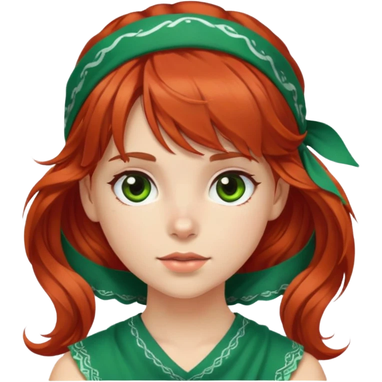 White red-haired girl with wavy hair, brown eyes, bangs, and a green bandana on her head and brown eyes emoji