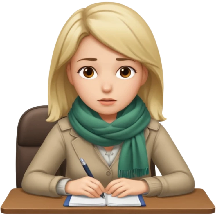 Person sitting at desk, looking tired, winter outside, woman  emoji