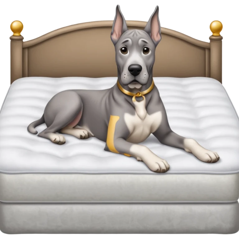 Gray Great Dane on king size mattress floppy ears white mattress  emoji