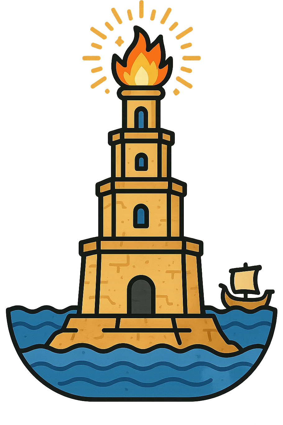 A three-tiered ancient tower with a squared base, octagonal middle, and cylindrical top. The tower has a stone texture with slight cracks and wear. Each level features small windows or arches. At the top, there is a glowing fire or torch with gold/yellow and orange rays, and tiny sparkles (✨) for a shining effect. The base of the tower is surrounded by blue waves lapping at it, and a tiny Greek/Roman ship (⛵) can be seen in the distance. The color palette consists of sandstone (beige/tan) for the tower, turquoise/blue for the sea, and warm gold for the fire. The style should be a simple, clean icon with clear lines and minimal details, focusing on the structure and key elements. emoji