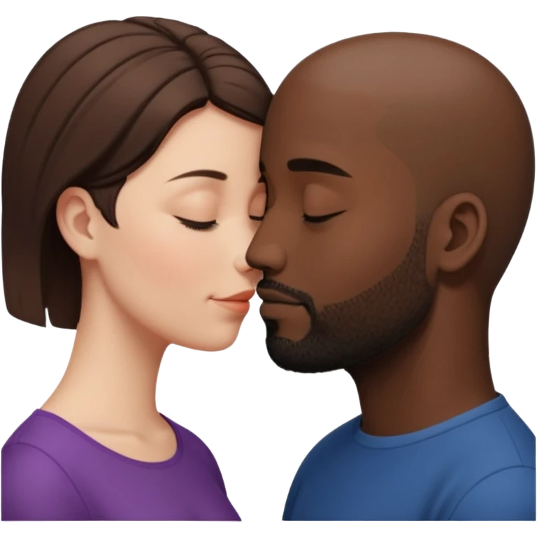 a white woman with short brown hair and a black man with no hair and a beard are facing one each other and their forehead are touching. They close their eyes and their are in love. The space between their nose is a bit larger emoji