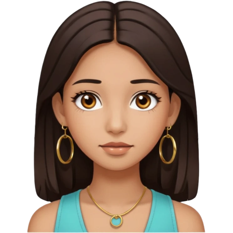 girl with brown asian eyes, long eyelashes, layerd mid length hair dark brown, tanned skin hoop earrings middle parting hair  emoji