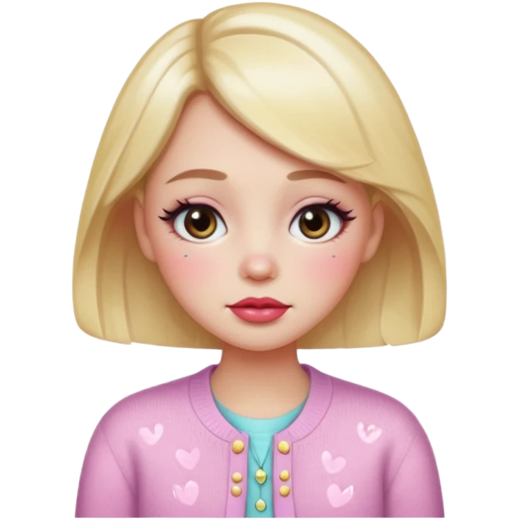 “Emoji girl, dewy skin, heavy blush across cheeks and nose bridge, glossy cherry lips, soft puppy eyeliner, teary sparkling eyes, pastel cardigan.” emoji