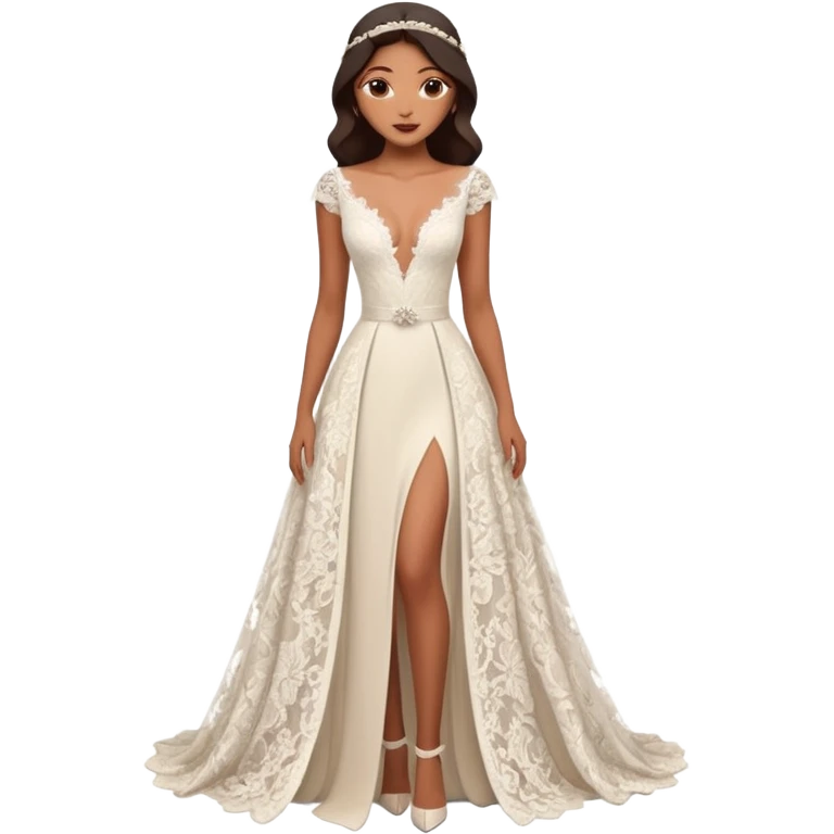 A modern lace wedding gown with a deep plunging neckline, cap sleeves, and a flowing skirt featuring two high front slits for a bold and romantic look.
 emoji
