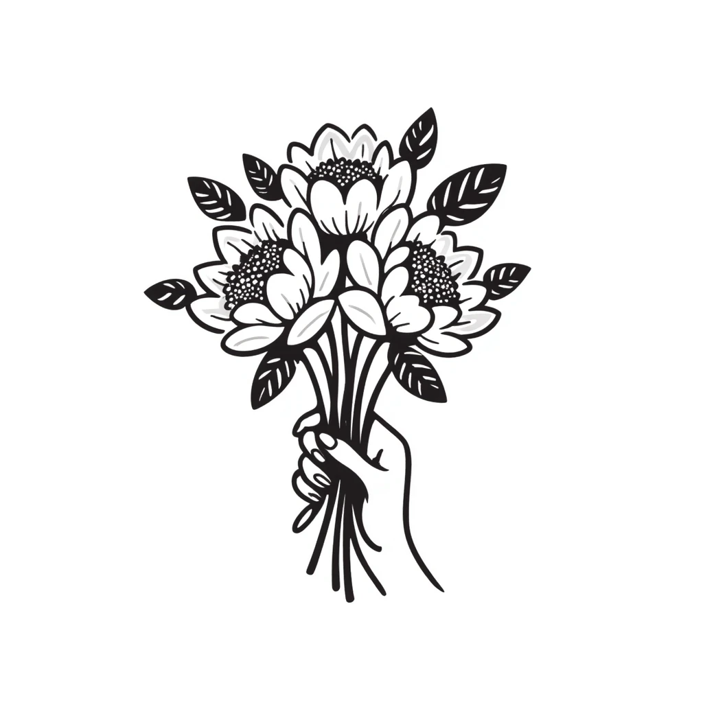 a bouquet of peonies with lush petals and leaves, held in a hand, in pastel colors dd9fb0 ffc6d3 a3bfc9 c4bee2 f1b091 emoji