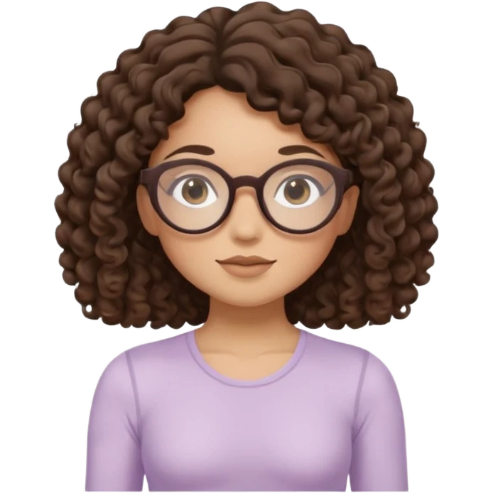 Memoji-style illustrated girl with dark brown curly hair, round glasses, large brown eyes, soft rounded face, warm beige skin tone, wearing neutral Pilates activewear, calm wellness aesthetic, pastel colors, sticker-style digital illustration, smooth shading, white outline. emoji