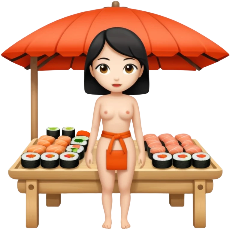 Naked asian female sushi vender on a marketplace; full body  emoji