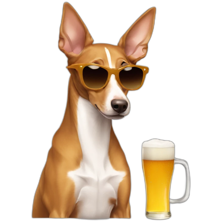 brown podenco with sunglasses taking a beer emoji