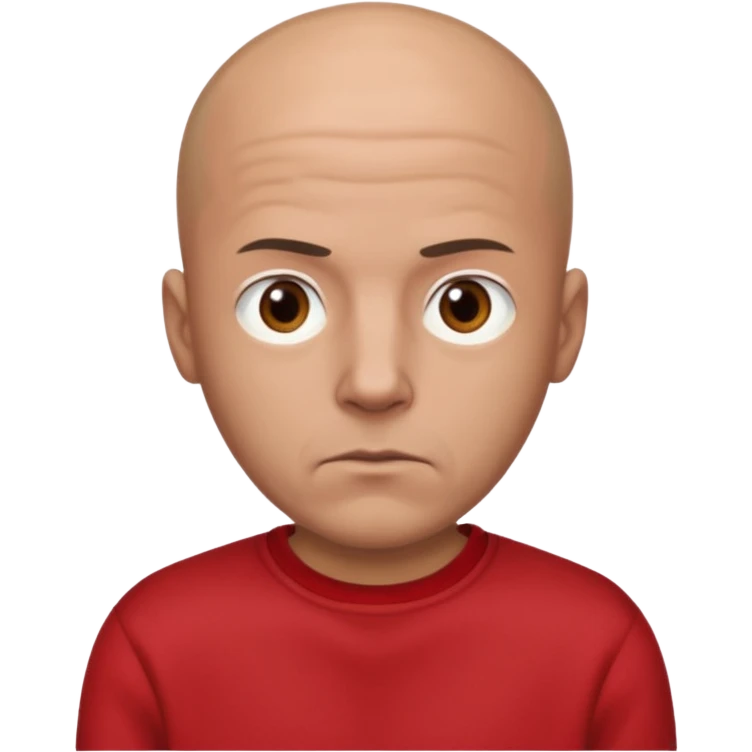 almost bald man, with hair on his head wearing a black sweatshirt and a red t-shirt under the sweatshirt and with brown eyes and a serious look  emoji