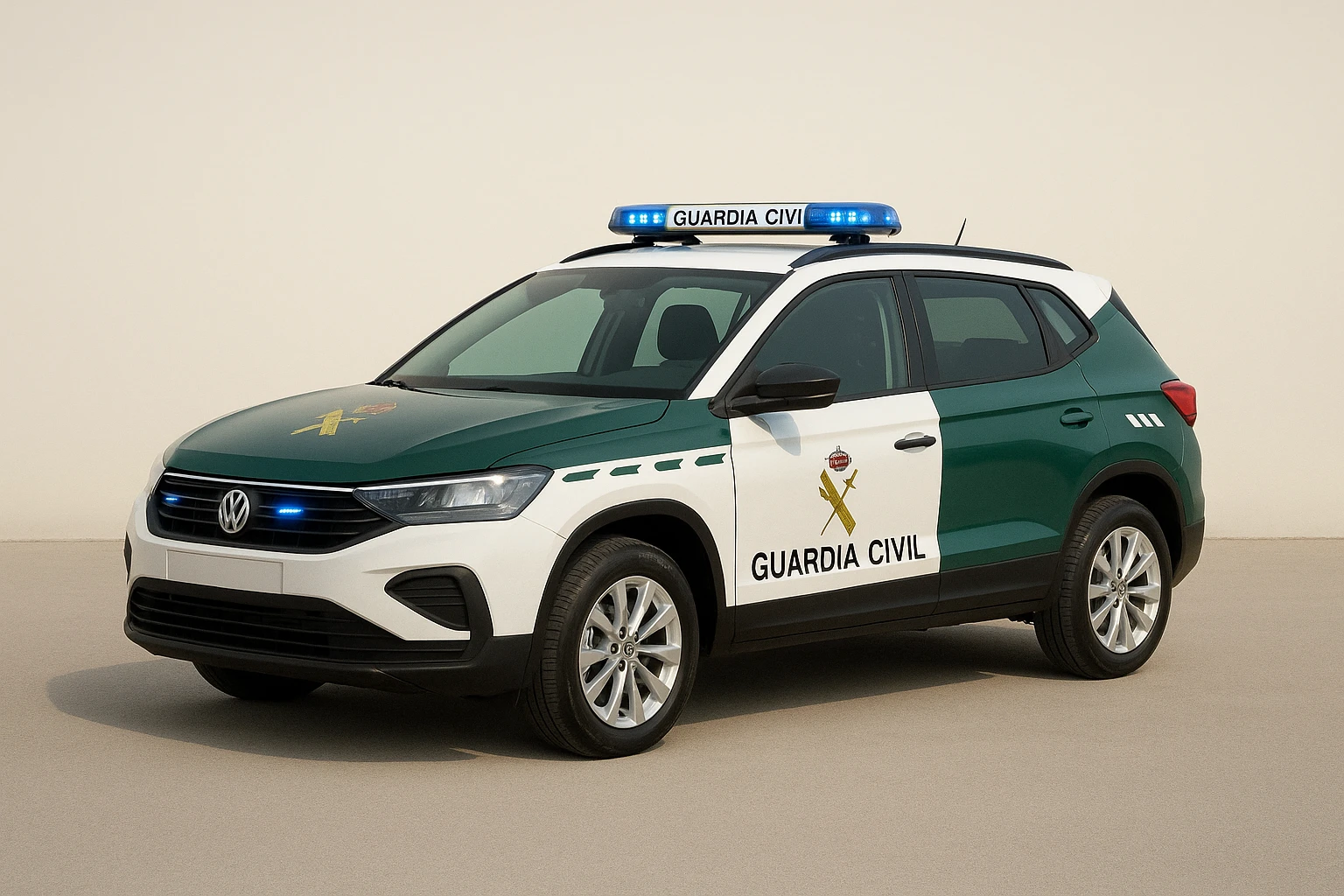 Guardia Civil patrol car, green and white, Spanish police markings, lights on top, simple background emoji