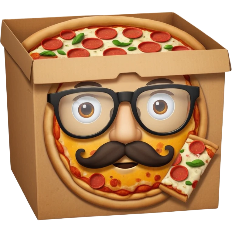 pizza take-out carton with glassess and mustache emoji