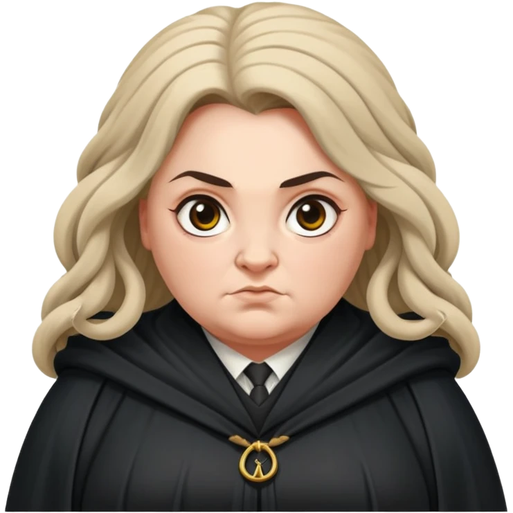 Alecto Carrow in harry potter, a woman fat, knot tied hair, look evil, black cloak emoji