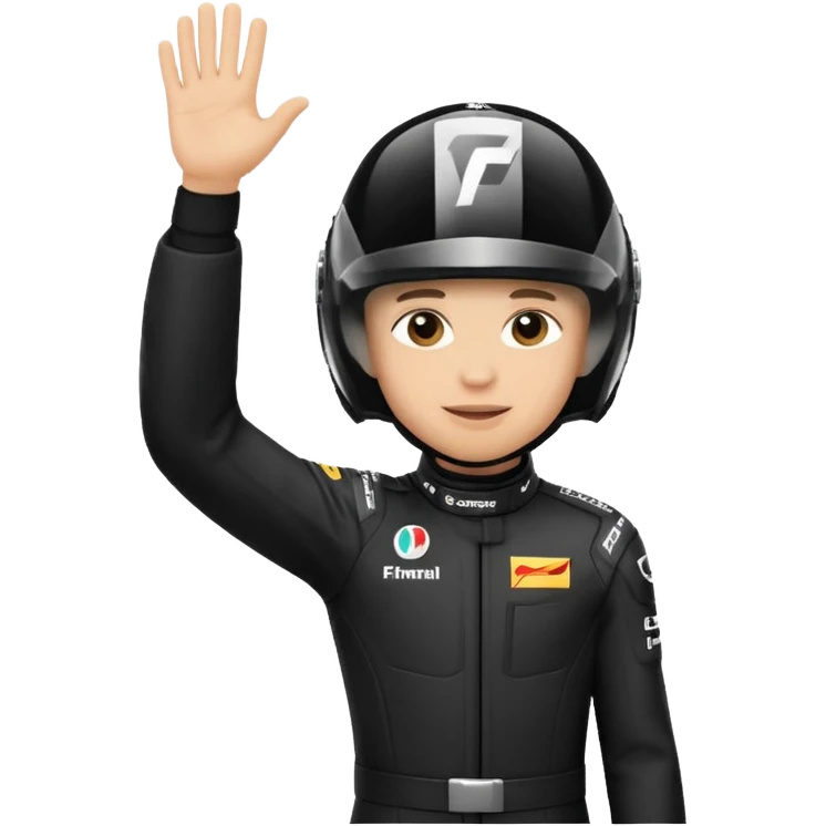 A red-bull f1 driver wearing the f1 black suit and helmet raising his hand as he celebrate emoji