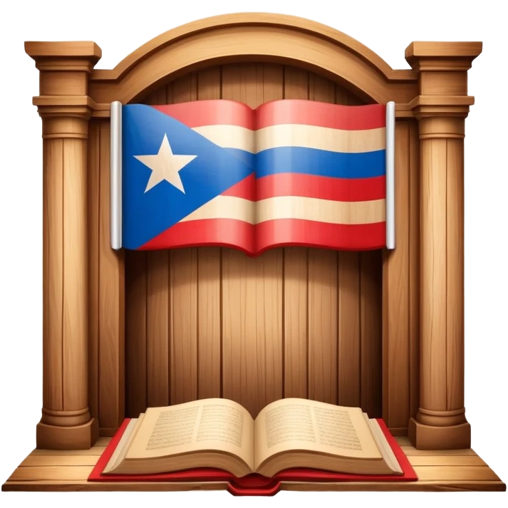 Timeless book icon with Puerto Rican flag design, wooden theater stage symbol, warm parchment and wood textures, gentle luminous aura, representing the history of Puerto Rican scenic design legacy emoji