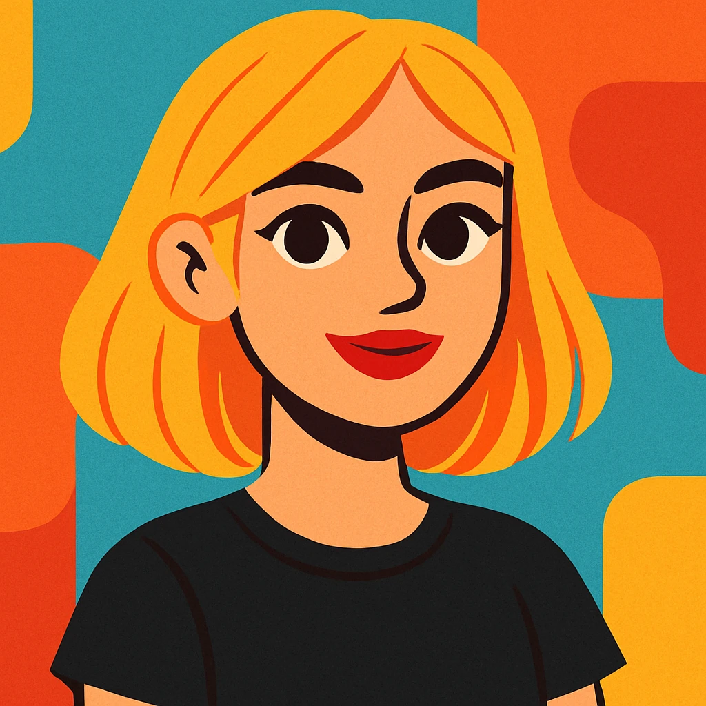 a girl with blonde, straight hair, brown eyes, red lipstick, wearing a black t-shirt, modern illustration style emoji