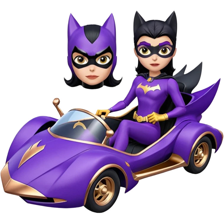  Whoville proportionally correct, real-appearance racing adult BatGirl’s feminine midnight-purple tight outfit sixty’s tv show 2032 stealth retro cat burglar sporty petite off-road pursuit floating black hover car with rose gold accents (black hair,reclined and relaxed seating position and attitude) emoji
