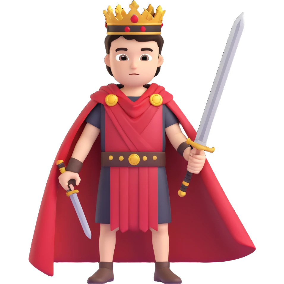 muscular young man with dark hair wearing a laurel crown and a red and black toga, holding a sword, confident expression, 3D emoji style emoji