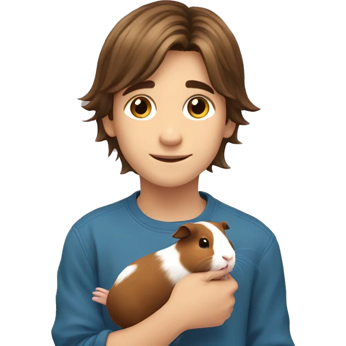 boy with long brown hair holding a guinea pig ￼ emoji