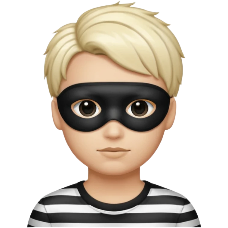 Realistic ios emoji-style portrait of a classic burglar, a black eye mask and a black-and-white striped shirt. Highly detailed, natural skin texture, soft cinematic lighting, realistic shadows, smooth gradients, clean outline, glossy reflections in the eyes. emoji-like hair emoji