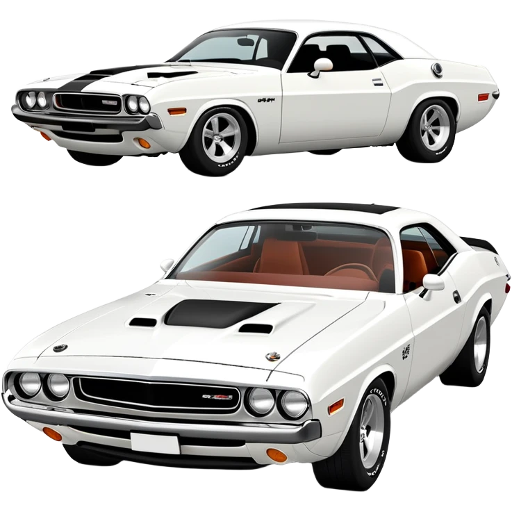 Structurally accurate white 1971 Dodge Challenger from Death Proof, perfect three-quarter perspective at 30 degrees, consistent proportions, detailed front end and side profile, all white, iOS emoji style emoji
