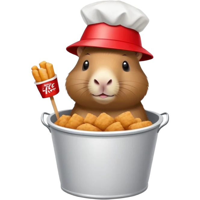 Capybara wearing a tiny KFC bucket as a hat on its head emoji