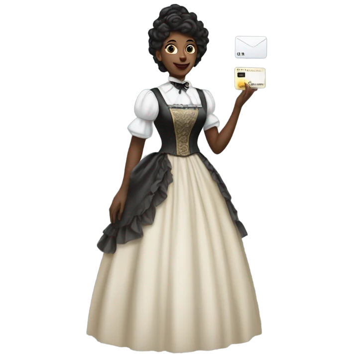 galora waitress in Victorian dress elegant, full body, holding big credit card emoji