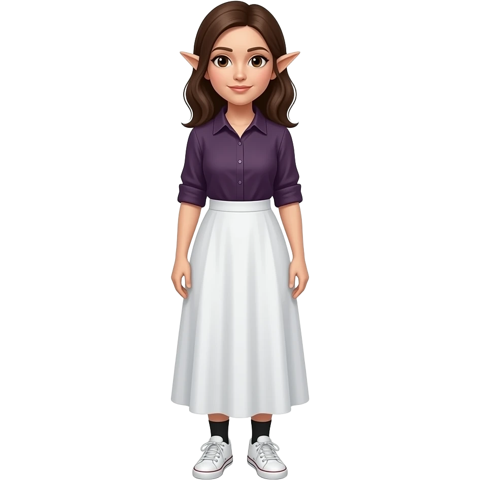 An adult woman with white/fair skin, brown hair, brown eyes and pointy ears and wearing a long white skirt, a dark purple shirt, black socks and white sneakers.. emoji