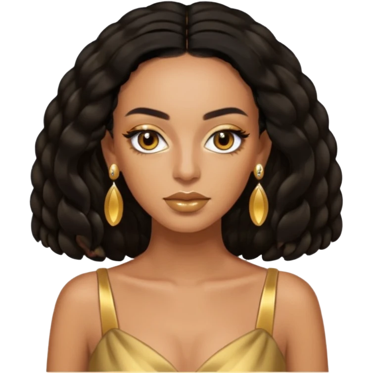 Solange brown eyes, black long hair, gold dress with earrings emoji