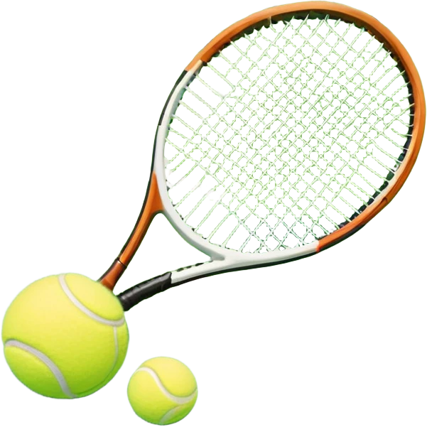 A tennis racket and a ball placed on a grassy court, with the net visible in the background. The scene captures the elegance and energy of the sport, with a vibrant green court and soft sunlight highlighting the equipment. emoji
