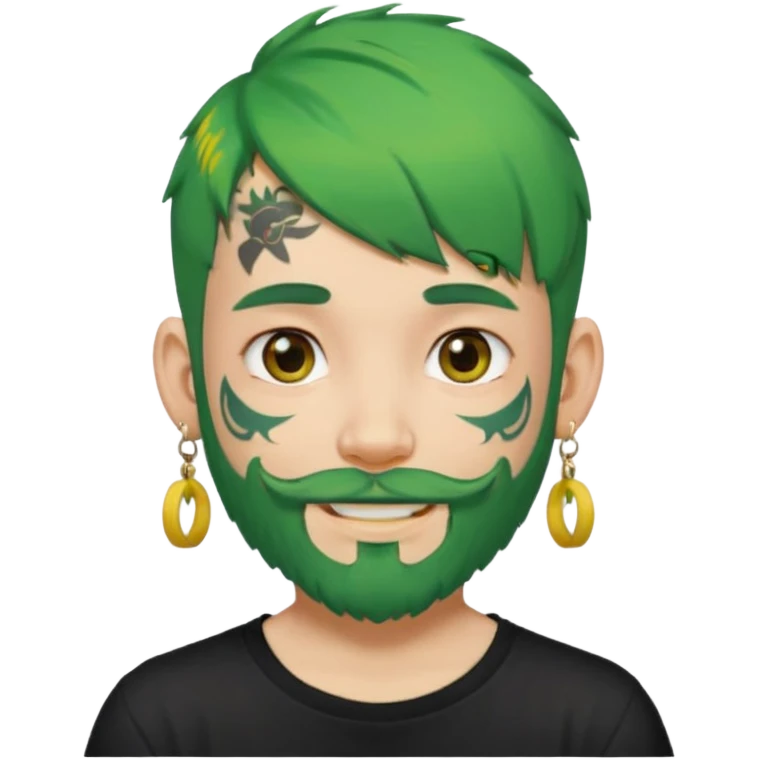 boy with bangs and green hair and yellow small hairtie on side and earrings and very heavy face tattoos and beard emoji