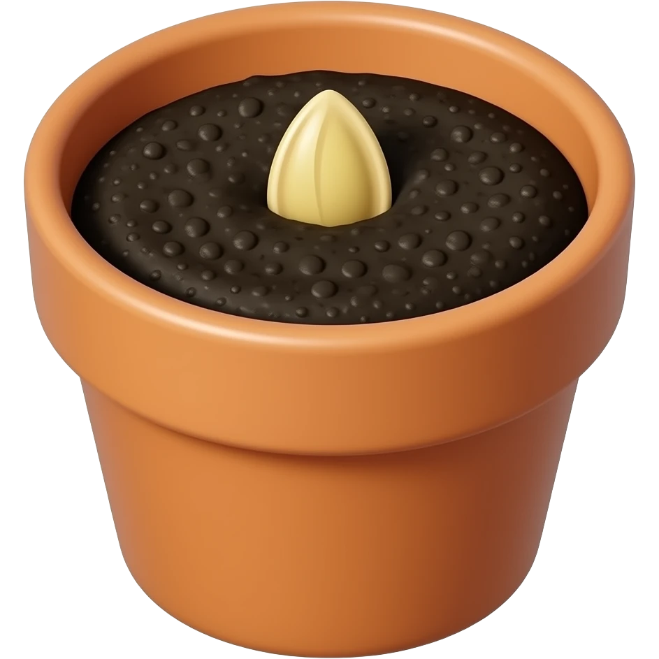 a cute pot with same black dirt and a watermelon seed in it, show the dirt and see from the hight point of view and still see the pot emoji