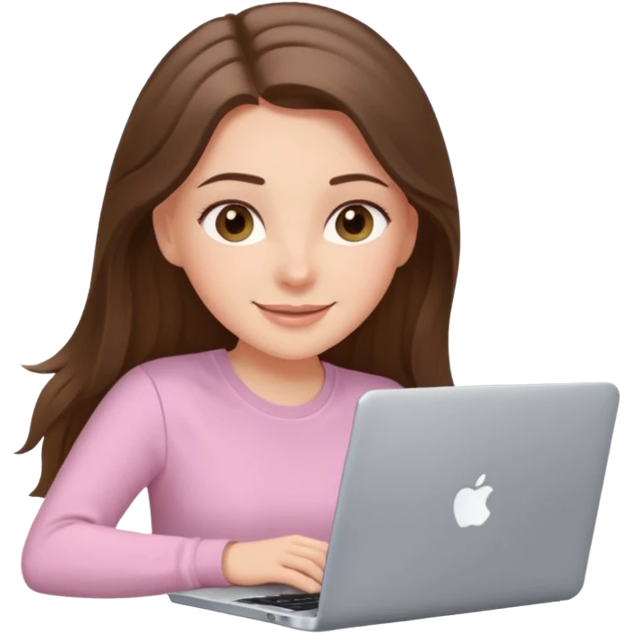 happy white long brunette hair girl with hazel eyes and in light pink using laptop emoji